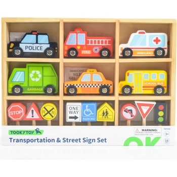 Tooky Toy Дървен сет коли и пътни знаци tkf050