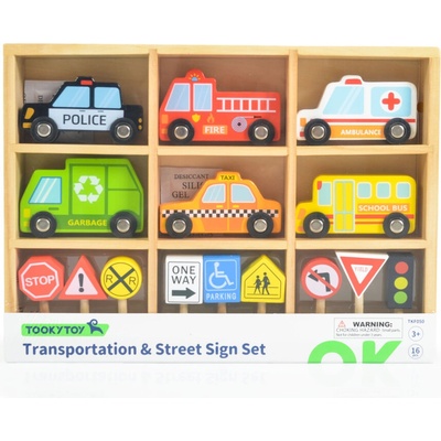 Tooky Toy Дървен сет коли и пътни знаци tkf050