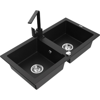 Mexen Mario гранитна мивка с 2 отделения и кухненски смесител Rita, черен - 6504-77-670300-70 (6504-77-670300-70)