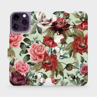 Flipové pouzdro Mobiwear - Apple iPhone 14 Pro Max - MD06P Růže a květy na světle zelené (Knížkové flip pouzdro, obal, kryt na mobil Apple iPhone 14 Pro Max - MD06P Růže a květy na světle zelené, mate