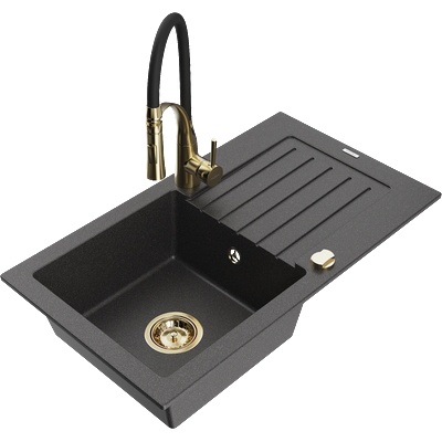 Mexen Pablo гранитна мивка с 1 гнездо и отцедник и кухненски смесител Aster, черен на точки - 6510-76-73450-57-G (6510-76-73450-57-G)