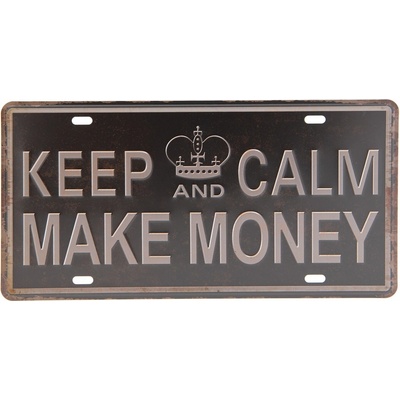 Hnědo černá kovová cedule MAKE MONEY s odřením a patinou- 30*15 cm - Clayre & Eef