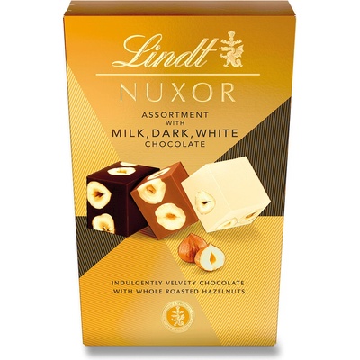 Lindt Nuxor Mléčná, hořká a bílá čokoláda s celými a mletými jádry lískových ořechů 150 g