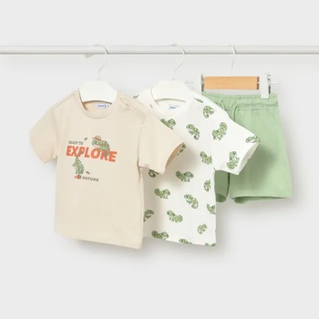 Mayoral Комплект трико 3 части принт светло зелен цвят с бяла и бежова тениски за бебе момче Mayoral