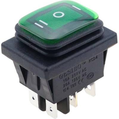 Kolískový vypínač obdĺžnikový s podsvietením KCD4, ON-OFF-ON, IP65, 250V/16A Zelená