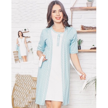 Халат и нощница в тюркоазено и бяло с малки цветенца