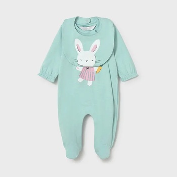 Mayoral Комплект гащеризон дълъг и лигавник в цвят Анасон за новородено момиче със зайче Mayoral