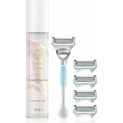 Gillette Venus For Pubic Hair&Skin holiaci strojček na úpravu línie bikín 1 ks + Gillette Satin Care For Pubic Hair&Skin upokojujúce sérum na úpravu línie bikín 50 ml