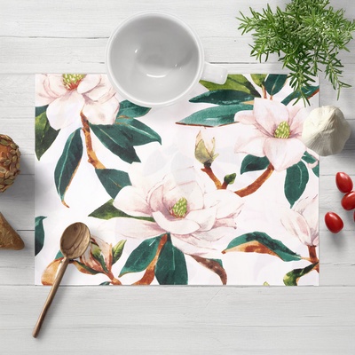 Biante bavlna prostírání Sandra SA-293 Magnolie se zelenými listy na bílém 30x40cm