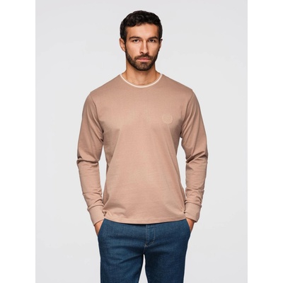 Ombre Men's cotton longsleeve with striped U neckline and embroidery brown