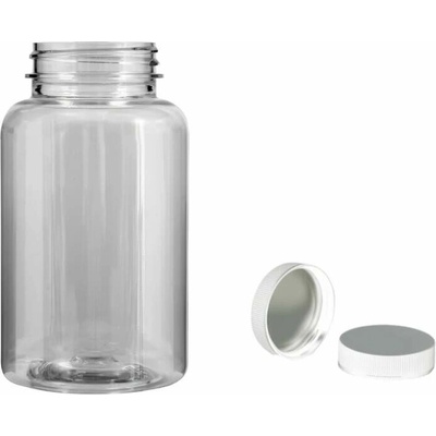 Pilulka Plastová lékovka čirá s bílým uzávěrem s ALU vložkou 250 ml