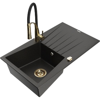 Mexen Cesar гранитна мивка с 1 отделение със сушилня и кухненски смесител Aster, черен/златен металик - 6514-75-73450-57-G (6514-75-73450-57-G)