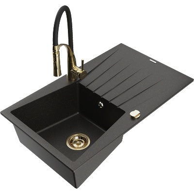 Mexen Cesar гранитна мивка с 1 отделение със сушилня и кухненски смесител Aster, черен/златен металик - 6514-75-73450-57-G (6514-75-73450-57-G)