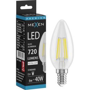 Mexen Vintis LED филаментна крушка E14, C35, 6W, неутрална - 4000K, 720 lm, прозрачна (L154-E14-0640-00)