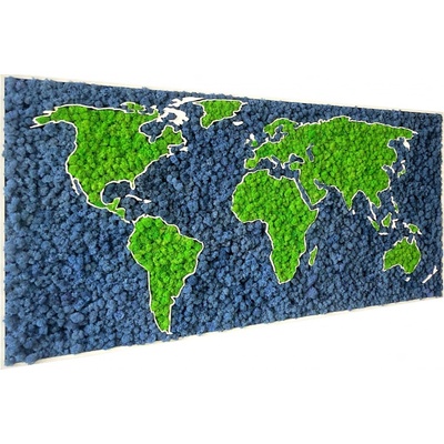3D mapa sveta - severský lišajník Zelená & Modrá, 112 x 65 cm, Svetlé drevo