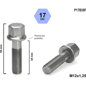 Kolový šroub M12x1,25x38 rovná dosedací plocha, klíč 17, P17B38F, výška 55 mm