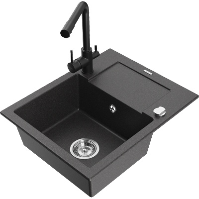 Mexen Enzo гранитна мивка с 1 корито с отцедник и кухненски смесител Duero, черен на пръски - 6506-76-671600-70 (6506-76-671600-70)