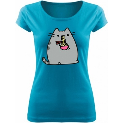 Fajntričko Dámske tričko Pusheen mačka špagety tyrkysová modrá