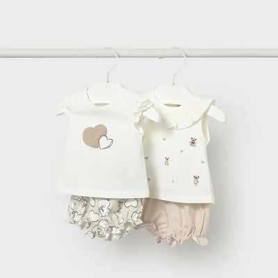 Mayoral Комплект 2 къси панталона и две тениски бяло и Пшеница за новородено момиче Mayoral мечета