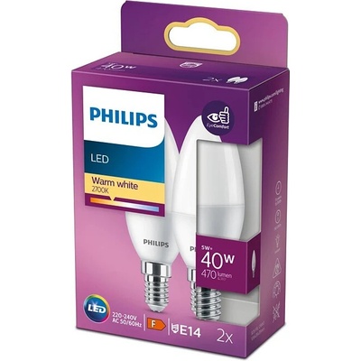 Philips 2x LED žárovka E14 B35 4,9W = 40W 470 lm 2700K teplá bílá matná