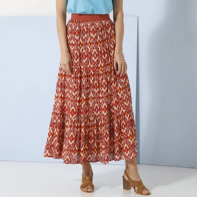 Sukňa volánová dlhá potlač v ikat štýle terakota