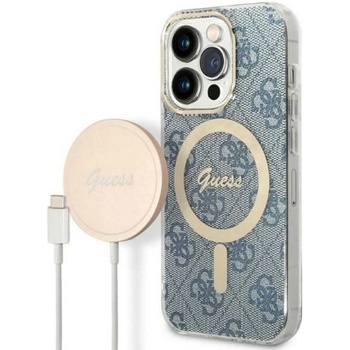 GUESS Гръб Guess 4G MagSafe Compatible Case + Зарядно Wireless Charger за iPhone 14 Prо - Син