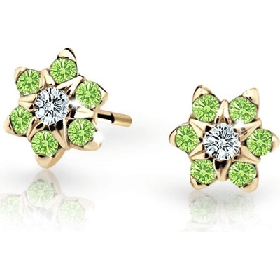 Danfil dětské náušnice kytičky C2152 ze žlutého zlata s kamínky Peridot Green zapínání balónek
