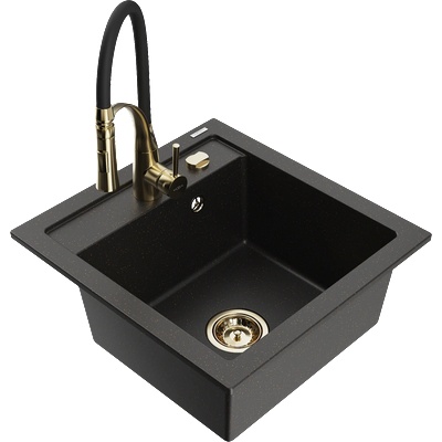 Mexen Vito мивка от гранит с 1 отделение с кухненски смесител Aster, черен/златист металик- 6503-75-73450-57-G (6503-75-73450-57-G)