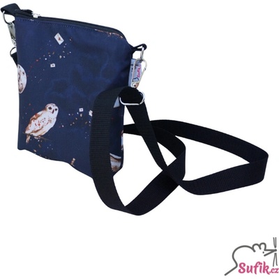 Crossbody A6 modrá se sovou a dopisem/žlutá podšívka