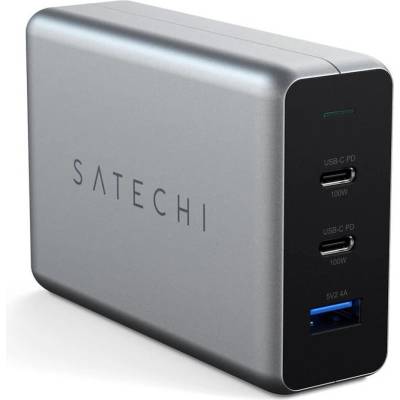 Зарядно устройство Satechi Compact GaN Charger ST-TC100GM-EU, от контакт към 1x USB-A(ж), 2x USB-C(ж), сиво, 100W (ST-TC100GM-EU)