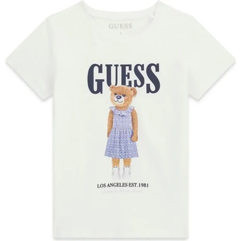 GUESS Бяла тениска за момиче с цветно мече и син надпис Guess