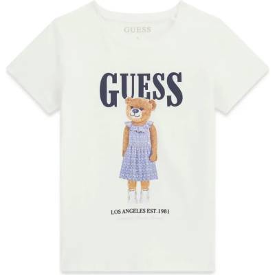 GUESS Бяла тениска за момиче с цветно мече и син надпис Guess