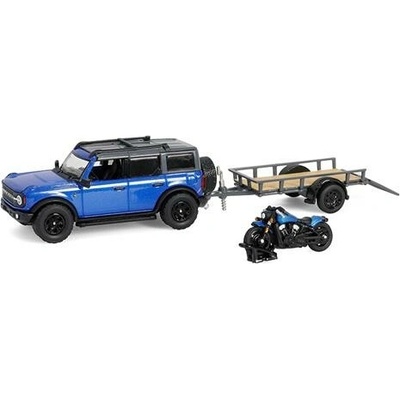 GreenLight Ford 2021 + motorka + přivěs 1:64