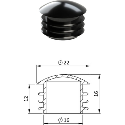 Vnitřní krytka kulatá ø 22 mm, plastová, černá