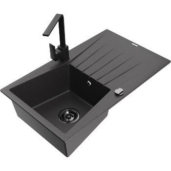 Mexen Cesar гранитна мивка с 1 отделение с отцедник и кухненски смесител Rita, черна с пръски - 6514-76-670300-70-B (6514-76-670300-70-B)