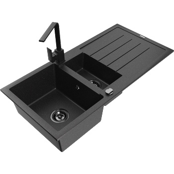 Mexen Andres гранитна мивка 1, 5-камерна с отцедник и кухненски смесител Rita, черно/сребърно - 6515-73-670300-70-B (6515-73-670300-70-B)
