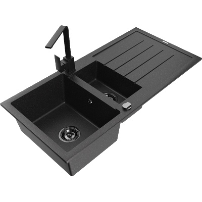 Mexen Andres гранитна мивка 1, 5-камерна с отцедник и кухненски смесител Rita, черно/сребърно - 6515-73-670300-70-B (6515-73-670300-70-B)