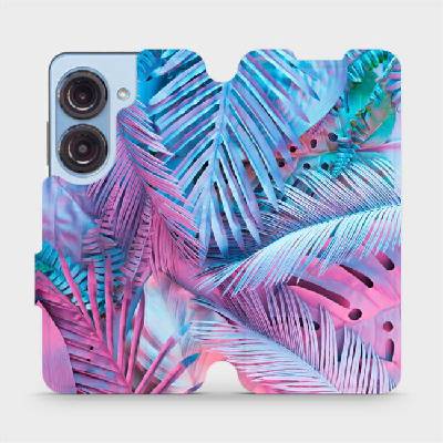 Flipové pouzdro Mobiwear - Asus Zenfone 9 - MG10S Fialové a modré listy (Knížkové flip pouzdro, obal, kryt na mobil Asus Zenfone 9 - MG10S Fialové a modré listy, materiál Umělá kůže + TPU - ochrana 36