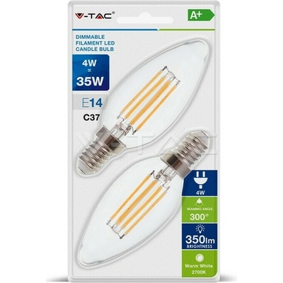 V-TAC, E14, 4W, 350lm, Stmievateľná, Filament, C37, číra 2ks blister teplá 2700K