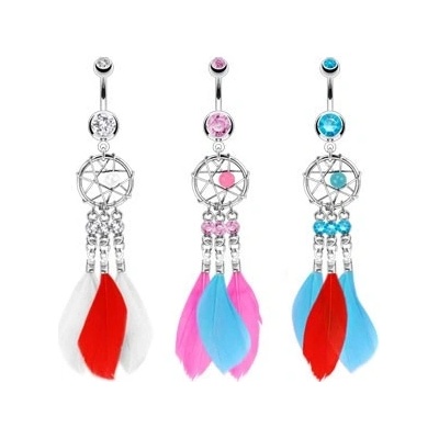 Šperky eshop ocelový piercing do pupíku lapač snů s korálkem tři zirkony a barevná pírka S86.09 aqua