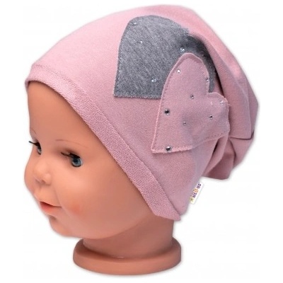 Baby Nellys Dětská čepice bavlna Srdíčka s kamínky pudrová