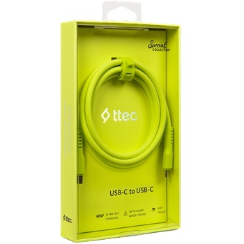 Ttec Data кабел ttec USB-C - USB-C 60W PD/QC Fast Charging/Data Cable - 120cm - Neon Yellow