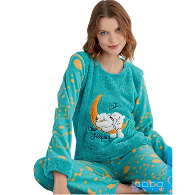 Дамска поларена пижама в тюркоазено с луна и звезди