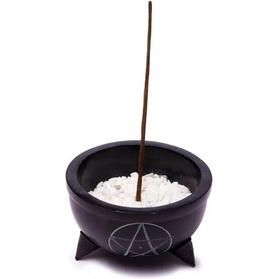 Mani Bhadra Stojánek na vonné tyčinky a kužely Miska Pentagram černý mastek s kamínky 10 x 6 cm