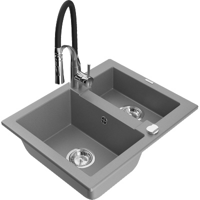 Mexen Carlos гранитна мивка с 1, 5 отделения с кухненски смесител Aster, сив - 6518-71-73450-07 (6518-71-73450-07)