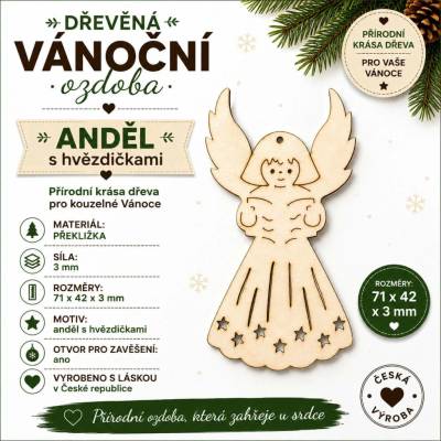 ADVIPO Dřevěná vánoční ozdoba Anděl s hvězdičkami 71 × 42 mm