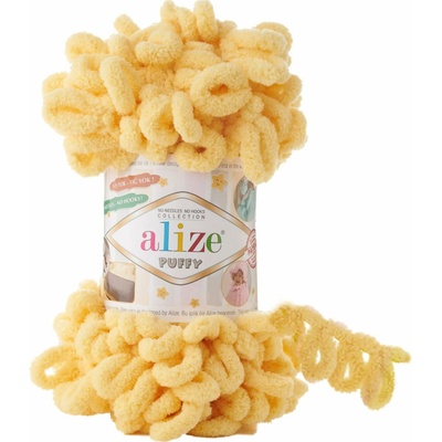 Příze s oky Alize PUFFY pro ruční pletení bez jehlic 216 žlutá, efektní, 100g/9,2m