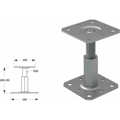 Domax zaskrutkovacia pätka stĺpika nastaviteľná závitová PR 100/100 - 100 x 100 x 100 - 150 x 3 mm 4 ks