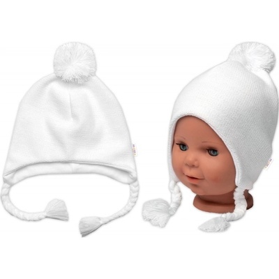 Baby Nellys Pletená čiapka s bavlnenou podšívkou brmbolcom a vrkôčiky biela