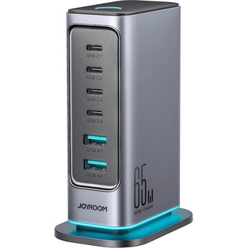 JOYROOM GaN Fast Desktop Charger 65W - захранване за ел. мрежа за лаптопи, смартфони и таблети с 2xUSB-A и 4xUSB-C изходи с технология за бързо зареждане и USB-C кабел (